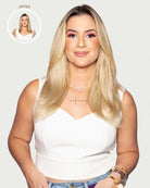 all-groups antes e depoisCLARA - Aplique de tic tac halo fio invisivel de cabelo humano loiro 35cm e 100g