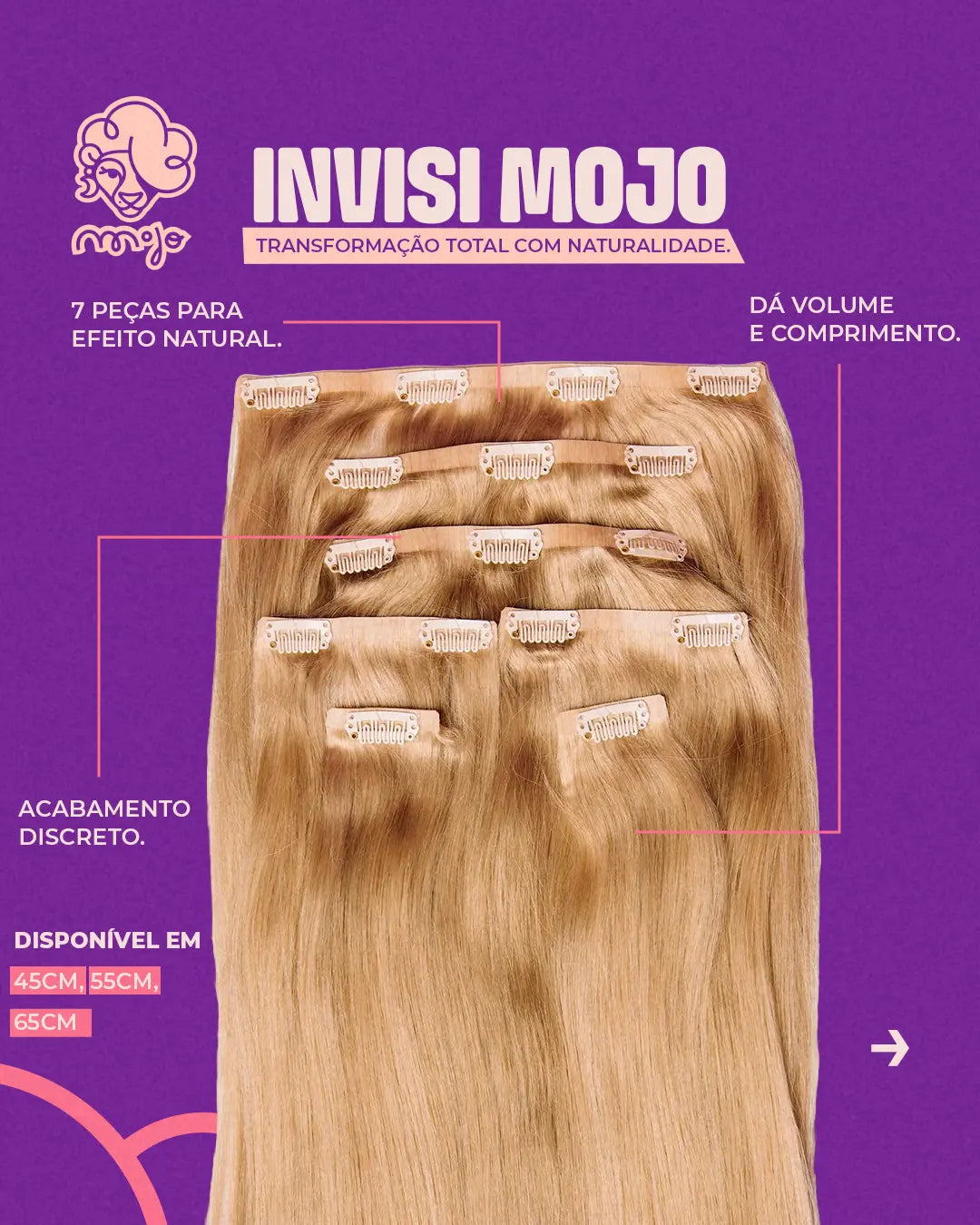 Aplique Tic Tac Invisi MOJO – Cor Personalizada 55cm (Cabelo Humano) 160–170g