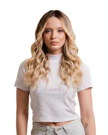 Cliente usando o Aplique de Cabelo Halo MOJO Balayage – Mechas 45 cm